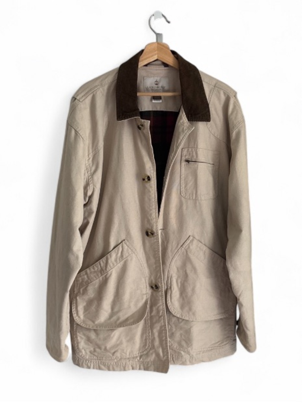 Beige Field Jacket w Corduroy Collar Flannel Lined Barn Jacket Chore Coat Farm
